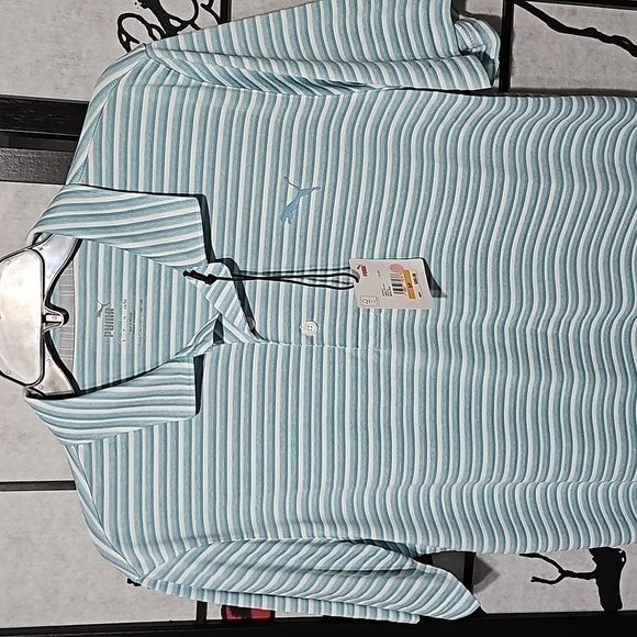 Puma‎ Striped Polo Shirt Legacy Print Blue Small NWT - Picture 2 of 6